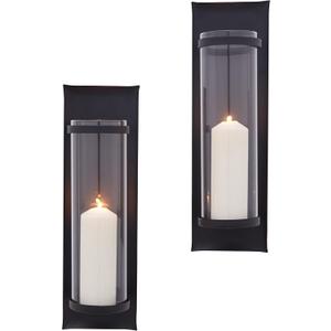 Danya B Metal Pillar Candle Sconces with Glass Inserts - A Wrought Iron Rectangle Wall Accent (Set of 2), Black