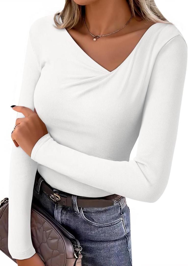 EVALESS Women's Long Sleeve Asymmetrical Neck Ruched Slim Fit Shirts 2026 Spring Fashion Casual Tee Going Out Tops (Large, White)