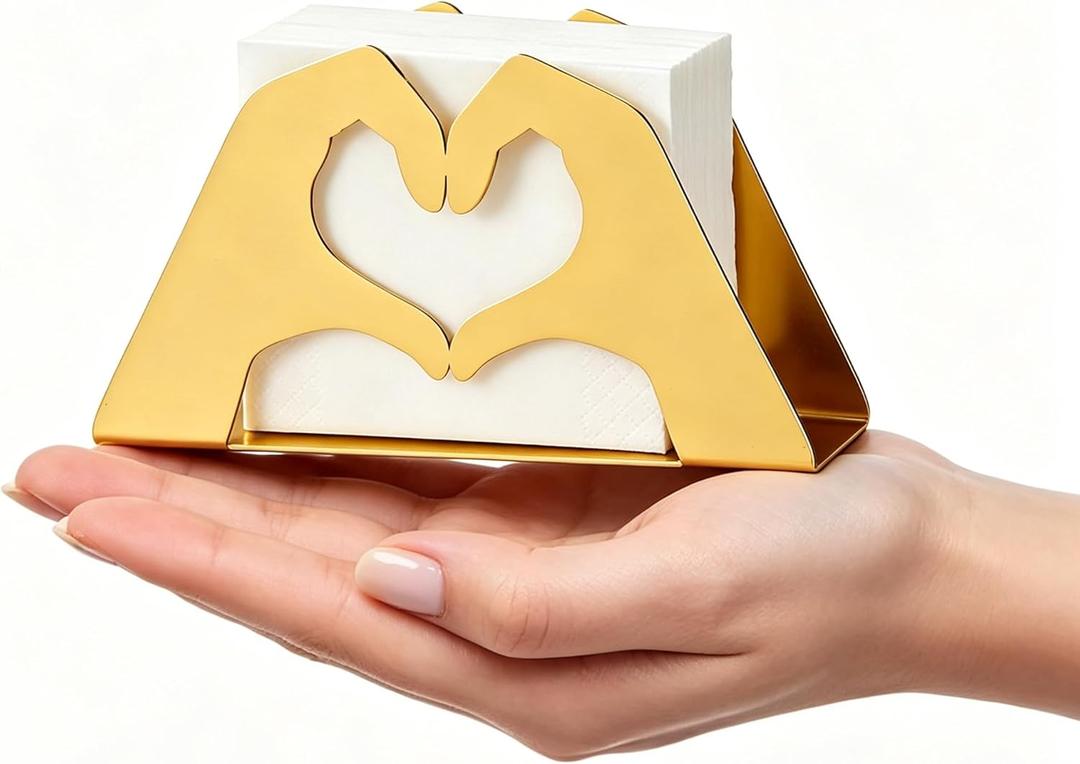 Napkin Holder for Table, Love Heart Gold Metal Napkin Holder for Paper Napkins & Mail, Upright Decorative Napkin Dispenser for Home Decor, Wedding Table, Valentines Day Gift, Housewarming Gift