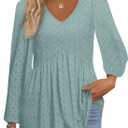 Tankaneo Womens Long Sleeve Shirts V Neck Loose Fit Tunic Tops Babydoll Peplum Top Flowy Dressy Casual Blouse Eyelet T-Shirt (X-Large, Green)