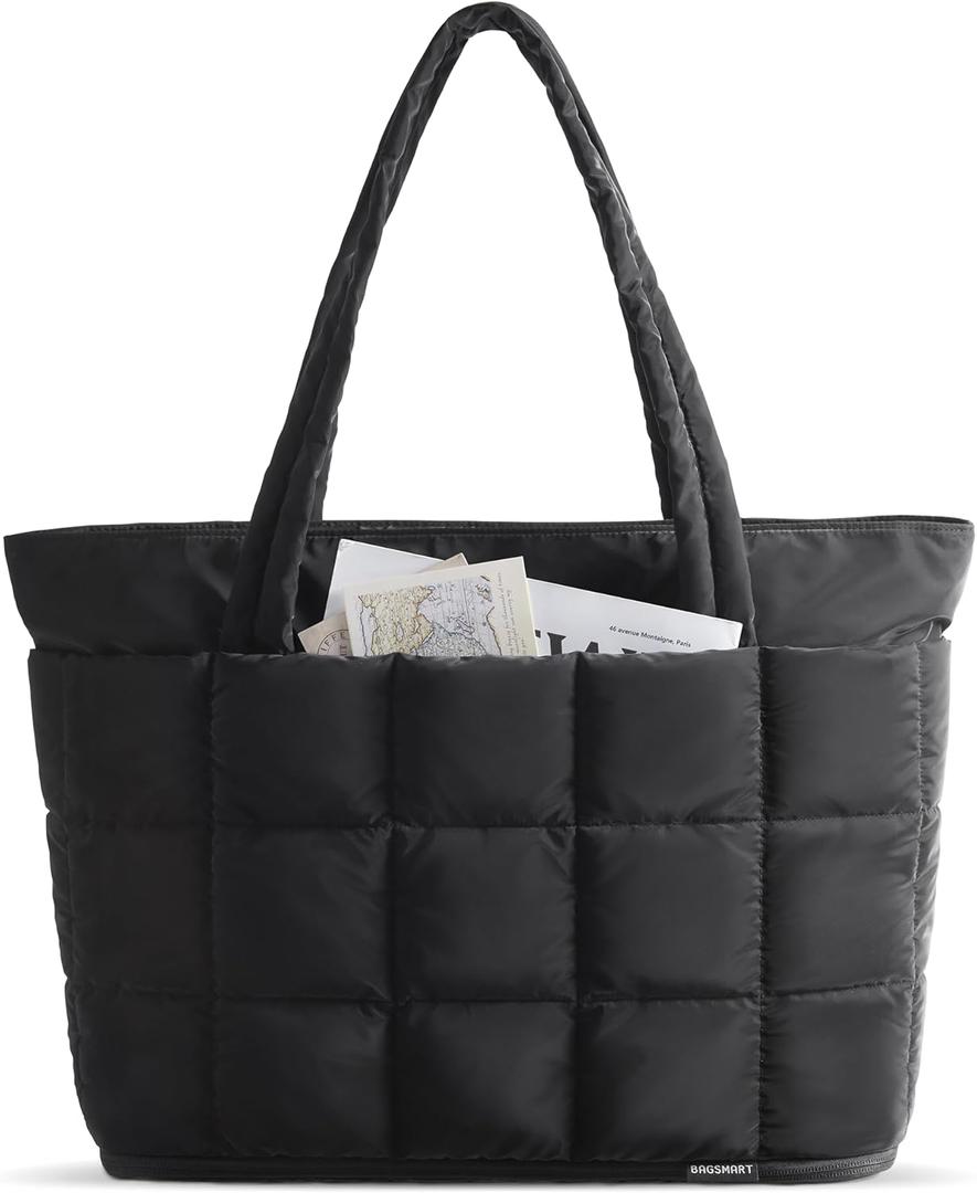 BAGSMART Expandable Tote Bag for Women, Puffer Work Tote Handbag, Quilted Carry On Bag for Travel Gym (Large, Black)