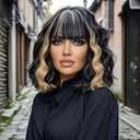 CROWN ARTISTRY Black Highlight Blonde Short Bob Wigs with Bangs for Women Loose Wavy Hair Wig Curly Wavy Bob Wig Shoulder Length Heat Resistant Synthetic Daily Wig, 14 Inch