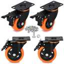 3 Inch Heavy Duty Plate Swivel Caster Set of 4 Wheels with Safety Brakes, PVC Wheels, No Noise Non-Marking, Load 1800 Lbs