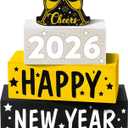 4 Pcs Wooden Happy New Year Tabletop Decor 2026 Block Signs Wine Glass Tiered Tray Rustic Table Centerpieces for Home Mantle New Years Eve Christmas Party Supplies