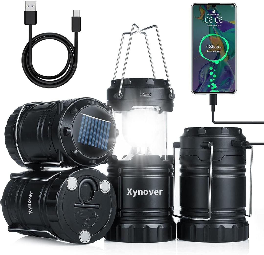 Xynover 4Pack Solar Camping Lanterns,Rechargeable LED with USB/Solar/AA Battery,Magnetic Base,Hanging Hook,Collapsible, Waterproof for Emergency, Hiking,Hurricane,Campsites,Lanterns for Power Outages