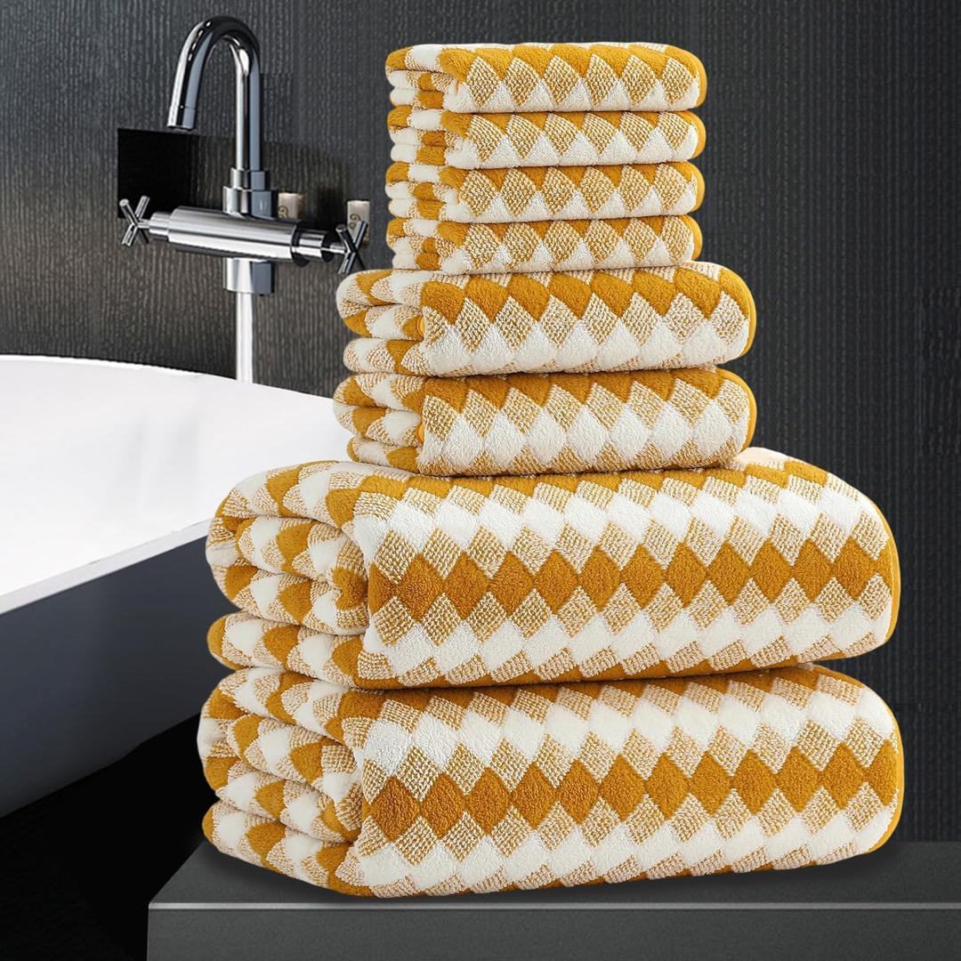 8 Piece Bathroom Towel Set |2 Oversized Bath Towels,2 Hand Towels,4 Washcloths| 600GSM Soft Hotel Towel Set Large Bath Sheet for Bathroom,Highly Absorbent Quick Dry Bath Towel Collections,Golden Brown