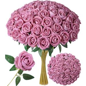 50 PCS Roses Artificial Flowers, Realistic Fake Roses with Long Stems Silk Flowers for DIY Wedding Bouquet Party Celebration Home Bridal Shower Decoration Valentine's Day Gift for Her Wife, Dusty Rose