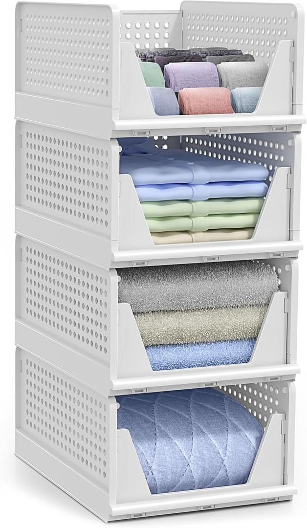 Sorbus 4 Pack Medium Shelf Organizer with Open Front Design Under Shelf for Closet Bathroom Kitchen Garage Plastic Stackable Storage Baskets, Size 2