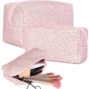 3 PCS Quilted Makeup Bag,Cute Floral Cotton Coquette Cosmetic Bag,Large Travel Toiletry Bag Makeup Brushes Storage Organizer for Women-Pink Floral