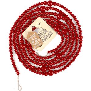 Wood Bead Garland and Vintage Sign for Christmas Home Decoration, 12ft Wood Bead Farmhouse Wall Decoration, Red Berry Garland for Christmas Tree Decoration with Wooden Sign