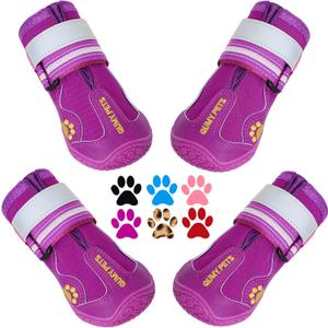QUMY Dog Shoes for Large Dogs, Medium Dog Boots & Paw Protectors for Winter Snowy Day, Summer Hot Pavement, Waterproof in Rainy Weather, Outdoor Walking, Indoor Hardfloors Anti Slip Sole Purple Size 5