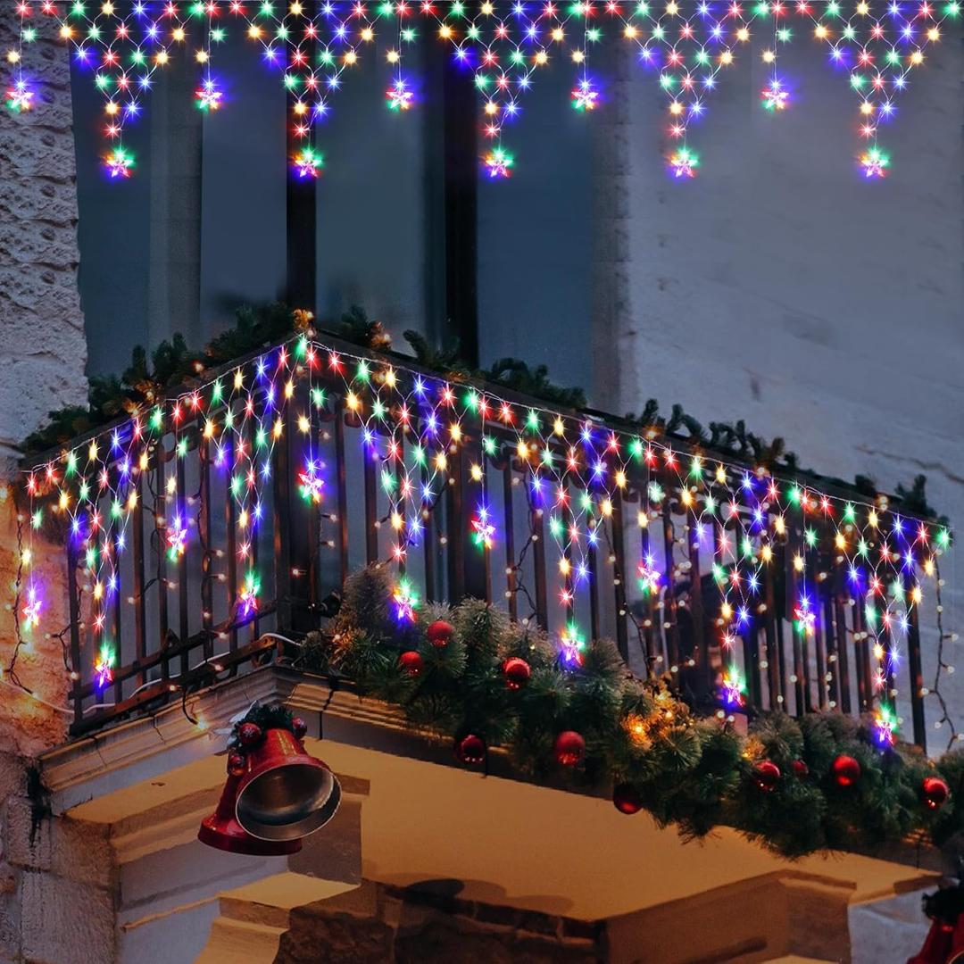 Christmas Lights Outdoor Decorations 218 LED 13.8ft Curtain Fairy Lights with 12 Drops, Clear Wire LED String Light Decor with 8 Modes for Wedding Party Holiday Christmas Home Indoor Outdoor Decor (Multicolored)
