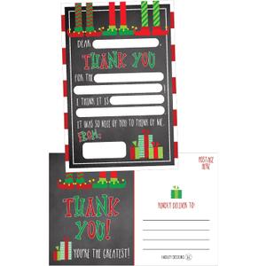Hadley Designs 25 Christmas Holiday Kids Thank You Cards, Elf Fill In the Blank Thank You Notes, Personalized Card For Birthday Party or Christmas Gifts, Stationery For Children Boys and Girls