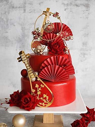 Traditional Wedding Cake Toppers Cake Decorations - Set of 8 - 2 pcs Lute, 5 pcs Fans and Double Happiness