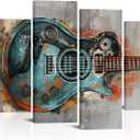 LoveHouse Music Pictures Artwork Blue Guitar Painting Canvas Prints Musical Posters Jazz Art Decor for Home Stuido (12"x24"x2pcs+12"x32"x2pcs)