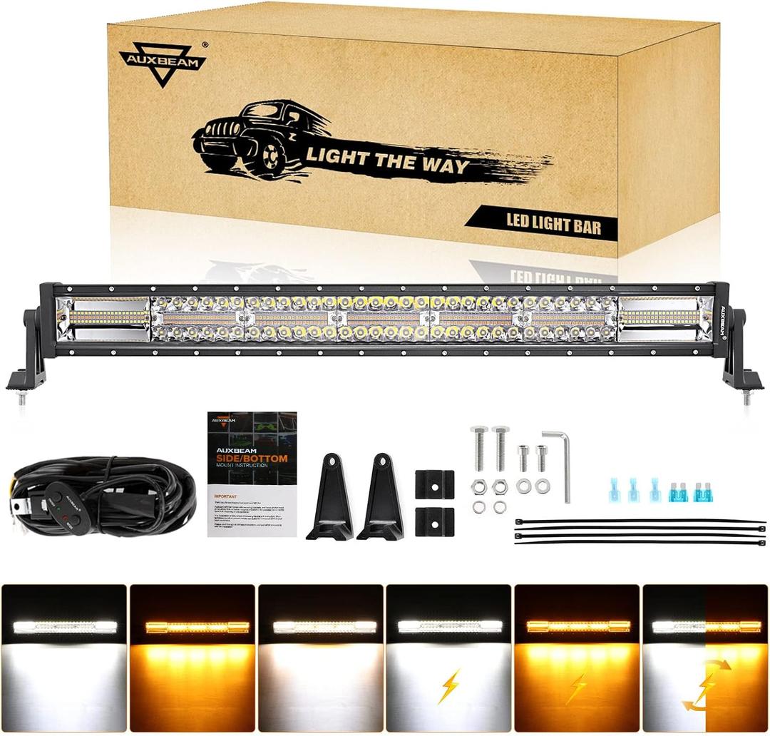 Auxbeam 30 Inch 180W LED Light Bar, 6 Modes Spot Flood Combo Offroad Lighting Amber White Strobe Fog Light, Memory Reset Function Waterproof Driving Work Light with 10FT Wiring Harness Kit