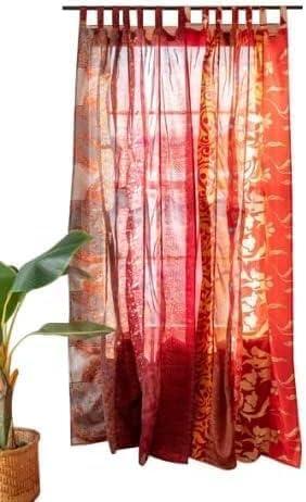 Cuisine Haven Assorted Vintage Silk Sari Curtain for Doorway, Sheer Bed Canopy, Patchwork Tapestry Window Treatment Curtains (84" x 43") Red