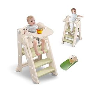 2-in-1 Folding Learning Tower for Children, Montessori Stool Adjustable Height, Versatile Montessorian Ladder with Seat Kit and Tray for Children, Green
