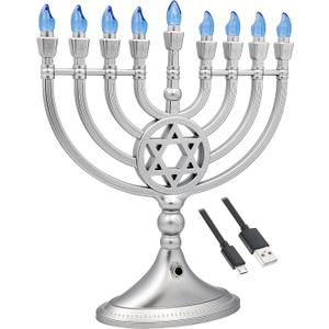 The Dreidel Company Traditional LED Electric Silver Matte Hanukkah Menorah Full Size 13 Inches Tall Battery or USB Powered - Includes a Micro USB Charging Cable