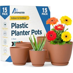 Terracotta Plant Pots with Drainage Holes & Saucers 15 Pack, Indoor & Outdoor Stackable Space-Saving Planters for Houseplants & Flowers, (7", 6.7", 6", 5.3", and 4.8" Inches), Durable & Weatherproof