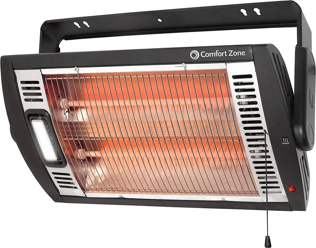 Comfort Zone 1500W Ceiling Mounted Dual Quartz Radiant Heater Infrared Workshop Heater with 90 Adjustable Tilt, Built-in Halogen Light & Pull String Control Overheat Protection, Black