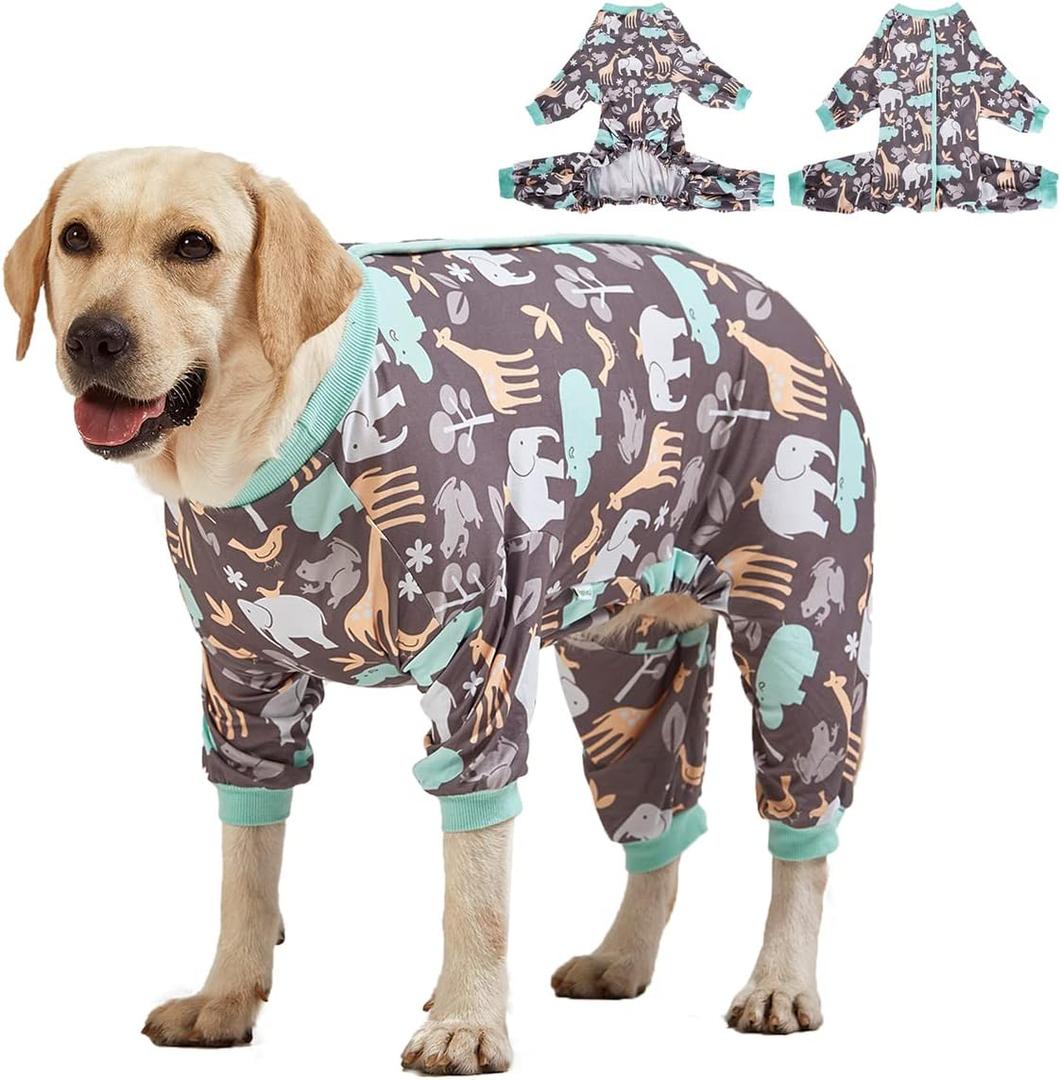 LovinPet Large Dog PJS, Hippos Zoo Cozy Dog Pajamas, Slim fit, Lightweight Pullover Clothes/Full Coverage Golden Retriever Pajamas/Back Snap Button is Only Decoration /3XL (Blue Hippo/Grey)