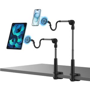 EZpod Magnetic Tablet & Cell Phone Holder Mount for Bedstand | Desktop Compatible with MagSafe for iPhone 16 15 14 13 Pro Max Mini with 360 Rotation and Flexible Gooseneck Tabletop Clamp Stand