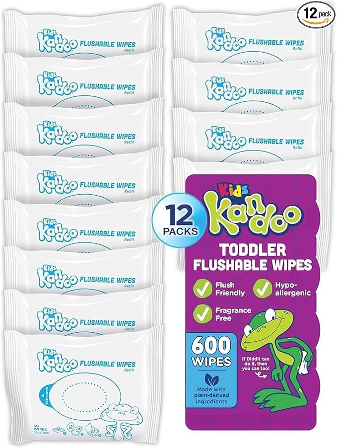 Flushable Wipes for Baby and Kids by Kandoo, Sensitive and Unscented Formula, Hypoallergenic Potty Training Wet Cleansing Cloths, 50 Count, Pack of 12
