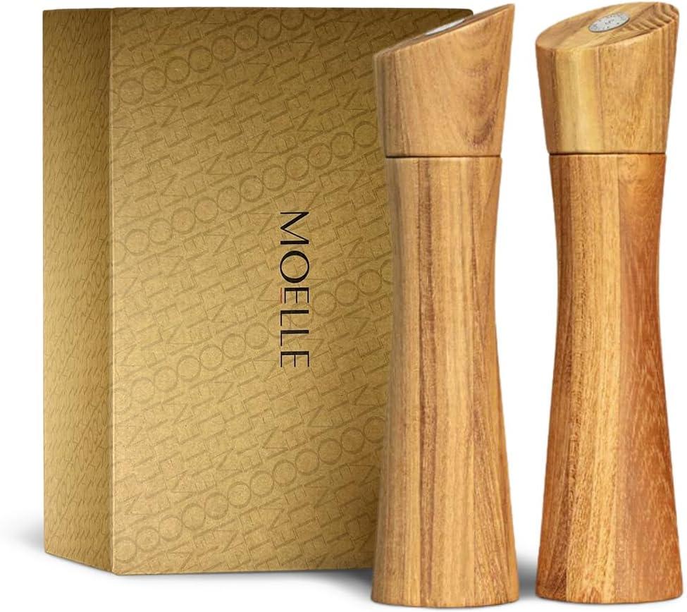 MOELLE Premium Wooden Salt and Pepper Grinder Set Danish Design Teak Wood Shakers, Refillable, Adjustable Coarseness, Ceramic Mechanism, 7.8 inch, In Beautiful Gift Box