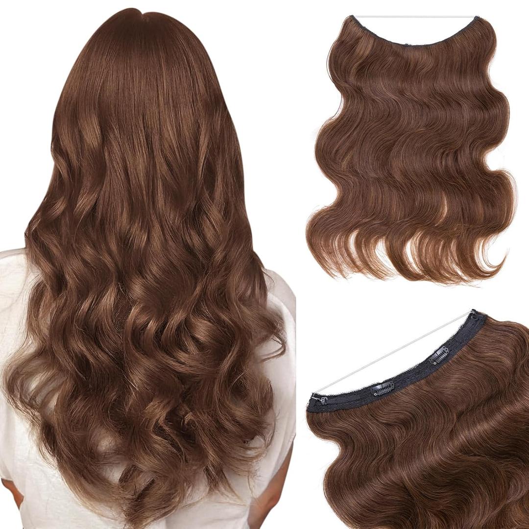 Benehair Halo Hair Extensions Real Human Hair, Brown Halo Hair Extension 100% Human Hair, Wavy Halo Extensions Human Hair, Curly Hair Halo Extensions, Wire Hair Extension, Medium Brown 60g/14Inch