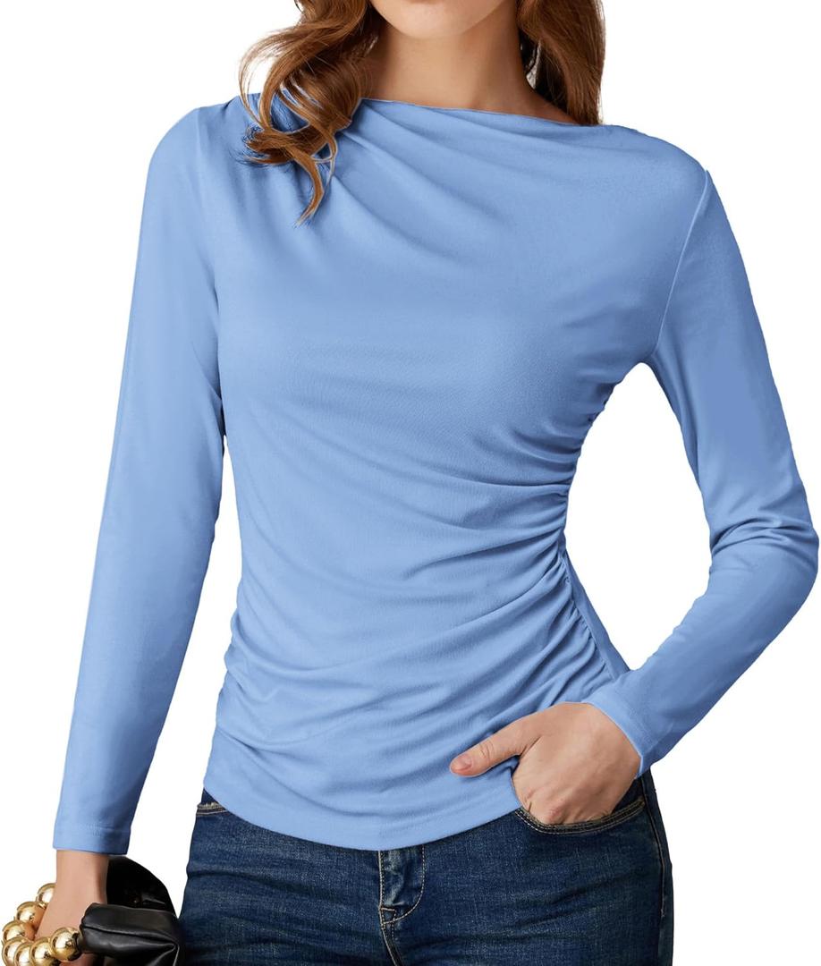 GRACE KARIN 2026 Women's Long Sleeve Wrap Blouse - Boat Neck Ruched Fitted Trendy Top for Fall Dressy Casual (Blue)