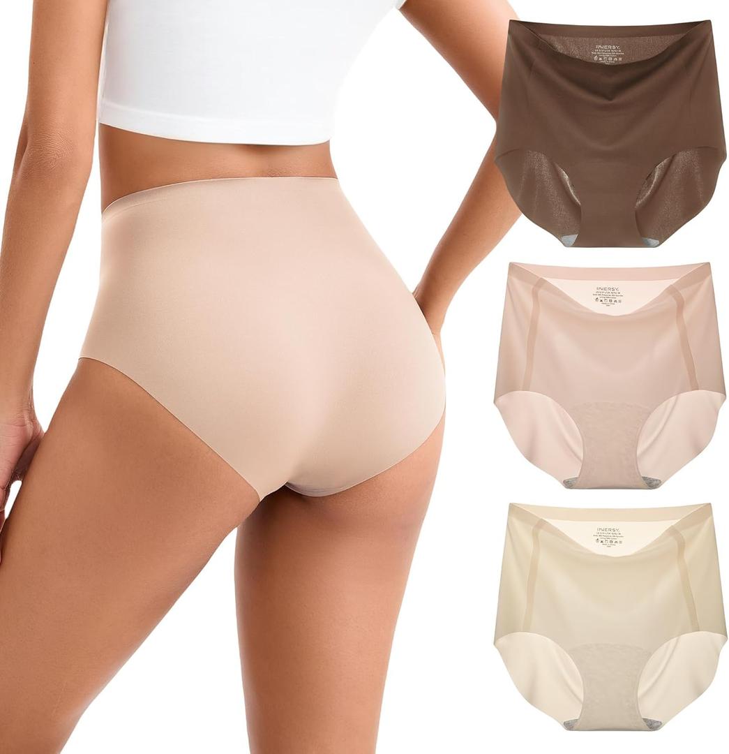 INNERSY Women's High Waist Seamless Underwear No Show Panties Full Coverage Briefs 3-Pack(Small, Coffee/ Tone/ Nude)