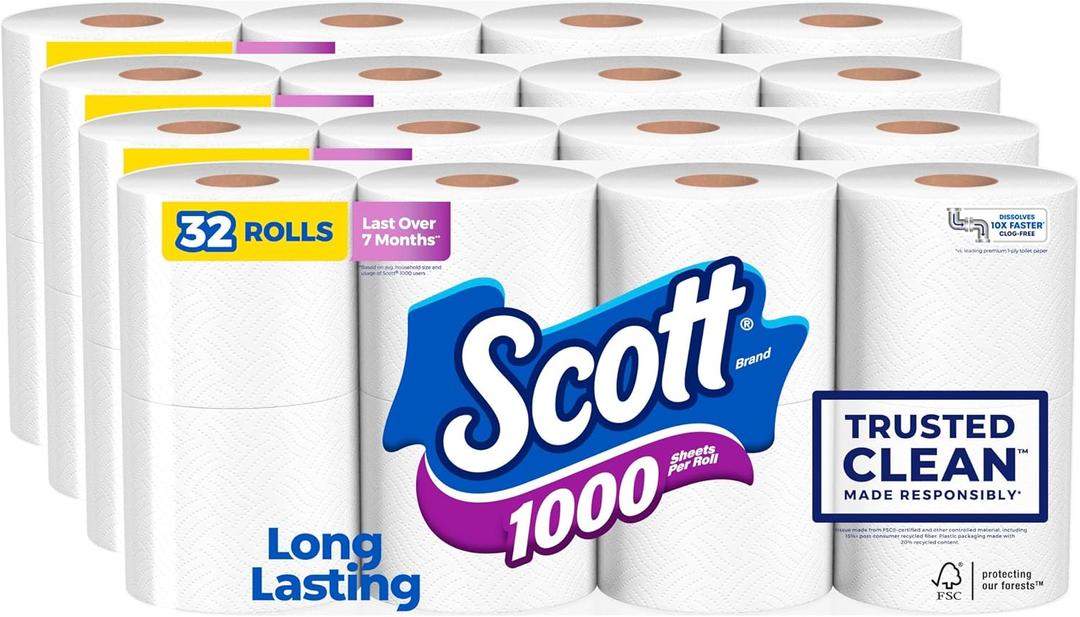 Scott 1000 Toilet Paper, 32 Rolls, Septic-Safe, 1-Ply Toilet Tissue