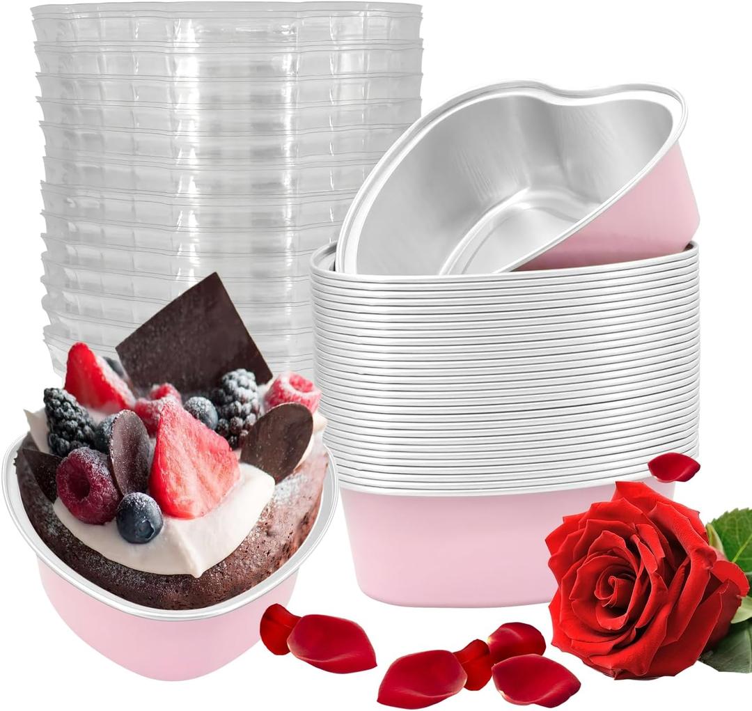EQUNROY 30 Pcs Heart Shaped Cake Pans with Lids, Mini Pink Aluminum Foil Baking Tins 3.4 Oz, Disposable Cupcake Containers for Valentine's Day, Mother's Day, Wedding, Party