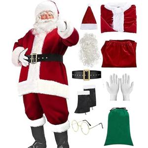PartyToko Santa Suit Christmas Santa Claus Costume for Men Women Adult Costume Santa 9pc. Outfit XXL SIZE