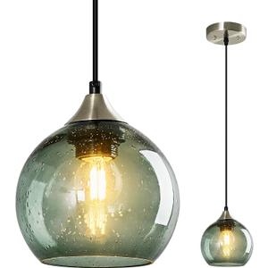 Gray Green Glass Pendant Lights Kitchen Island Lighting Globe Pendant Light Fixtures Modern Pendant Lighting for Kitchen Island Bedroom Living Dining Room Light Fixture(5.9in, 1-Pack)