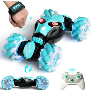 Remote Control Car, Gesture Sensor RC Stunt Cars Toys for Boys Age 8 9 10 11 12+ Years Old, 2.4GHz 4WD RC Double Sided 360 Flips Off Road Vehicle Toy with Lights/Music, Gifts for Kids Girls Blue (Medium)