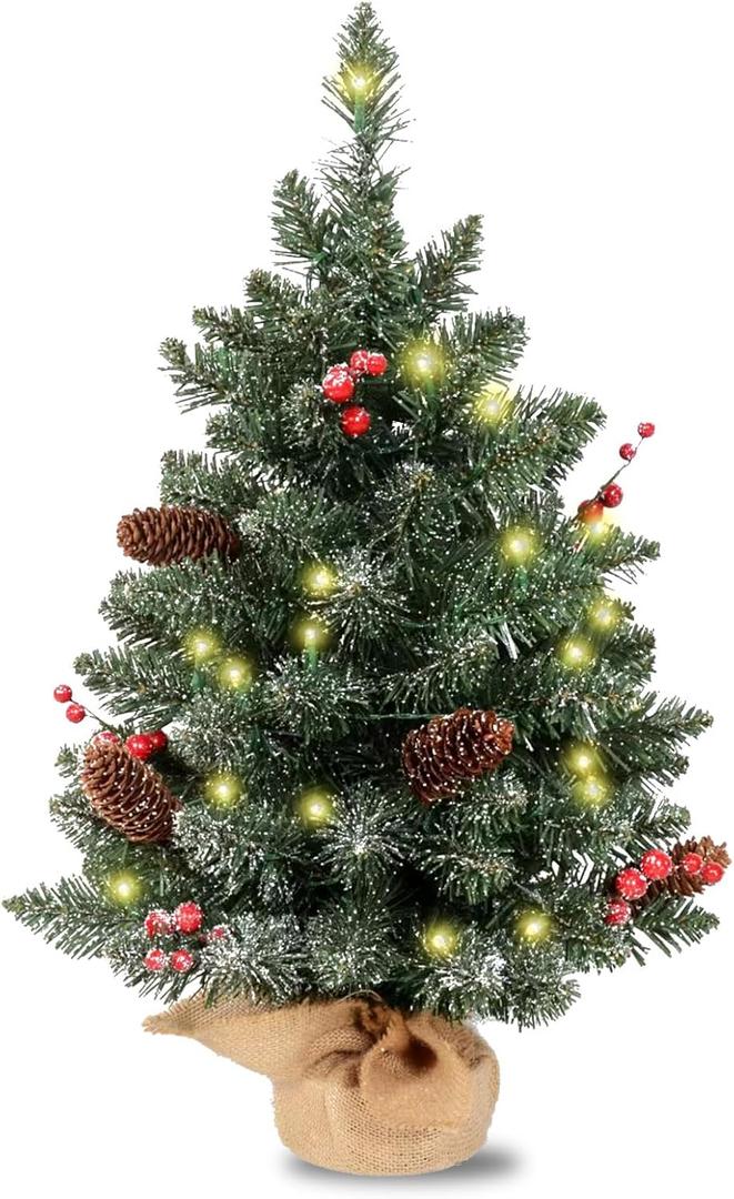 Pre-lit Artificial Mini Christmas Tree with Berry and Pincone, Includes Small Lights and Cloth Bag Base (Green)