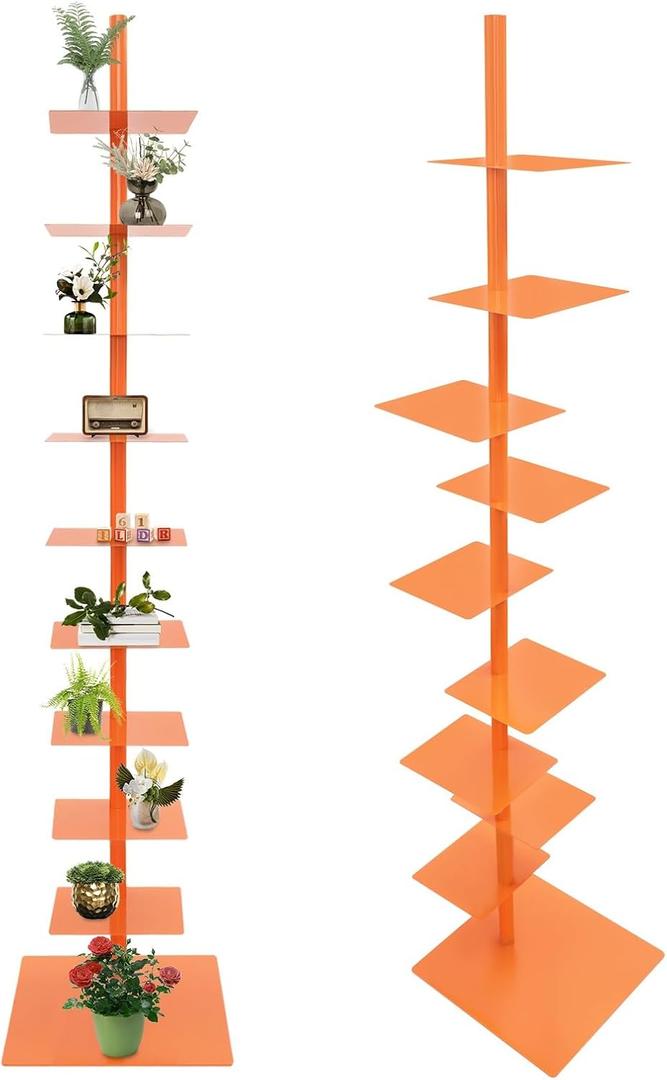 Sizcdiomk 9-Tier Narrow Spine Bookshelf, Modern Bookcase, Adjustable Vertical Bookshelf, Metal Rotating Bookshelf Tower for Home Office Living Room Bedroom (Orange)