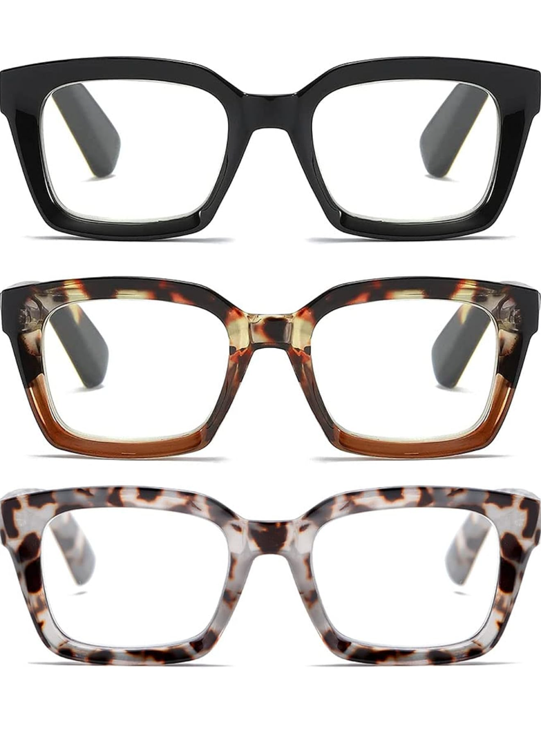 LADEESSE Readers for Women Oprah Style 3 Pack Square Oversized Reading Glasses with Spring Hinge Blue Light Blocking Ladies, +1.0