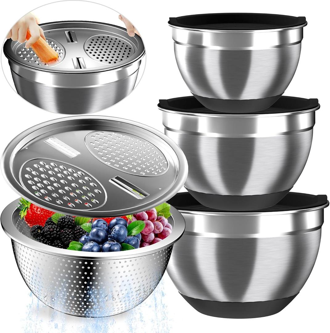 Mixing Bowls with Airtight Lids, Stainless Steel Mixing Bowl Set with 3 Metal Nesting Bowls, Colander & Grater, Non-Slip Bottoms, Size 1.5, 2.5, 5 QT, Great for Mixing & Serving, Black