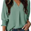 Dokotoo Women Blouses Dressy Casual 3/4 Length Sleeve Womens Tops V Neck Collared Shirts Business Work Blouse, Small