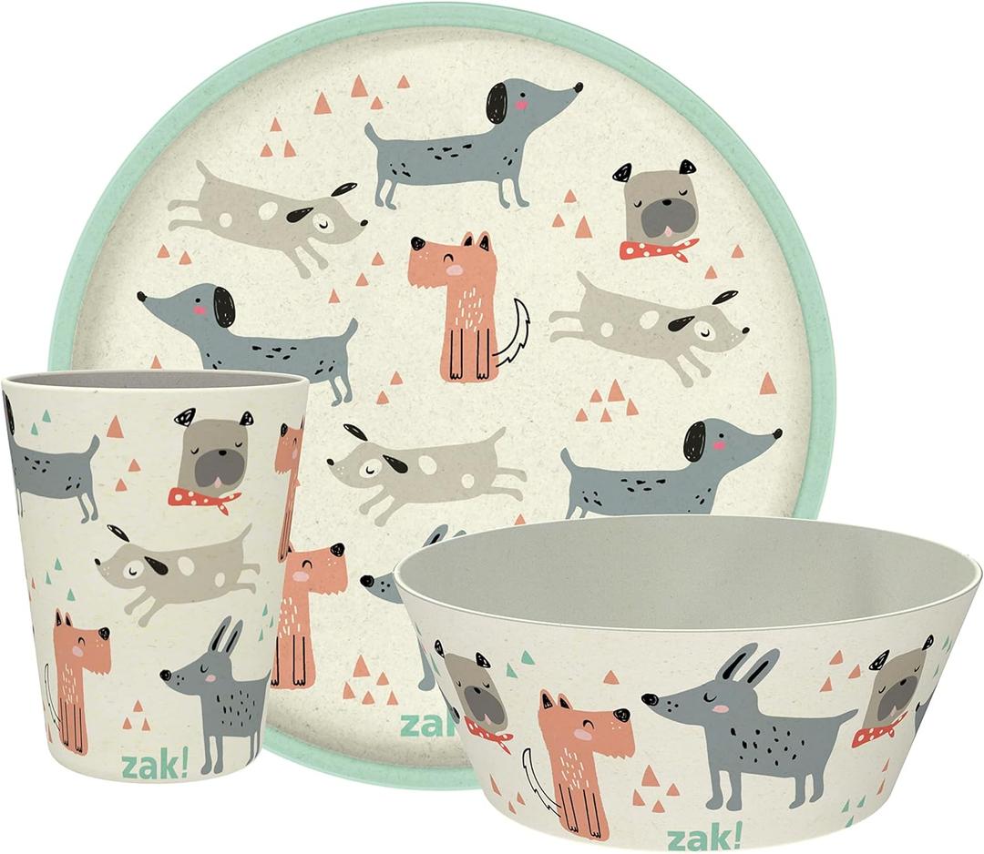Zak Designs Kids Dinnerware Set 3 Pieces, Durable and Sustainable Melamine Bamboo Plate, Bowl, and Tumbler are Perfect For Dinner Time With Family (Dog)