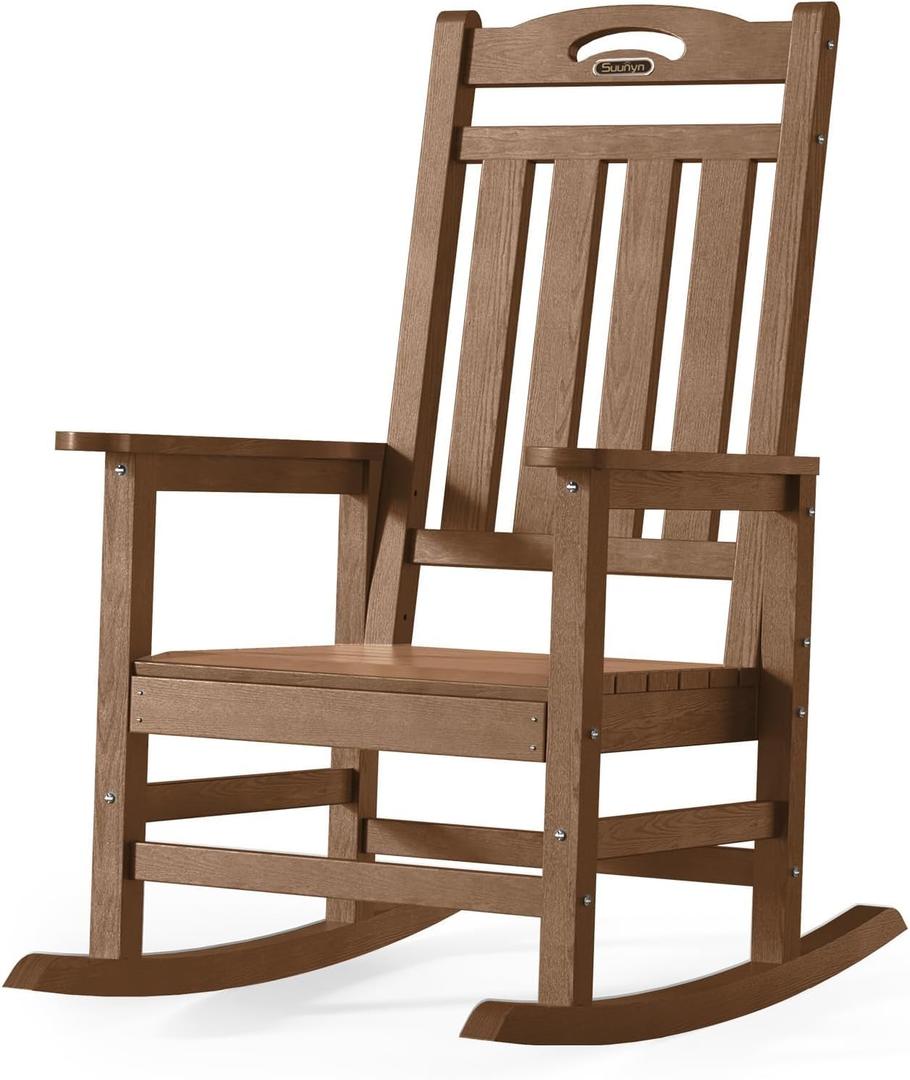 Oversized Outdoor Rocking Chair, High Back Porch Rocker Chair,HDPE All Weather Resistant RockingChairs for Patio, 380lbs Weight Capacity,Teak