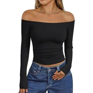 Trendy Queen Womens Long Sleeve Off The Shoulder Tops Going Out Cute Basic Y2K Fall Fashion 2026 Outfits Clothes S