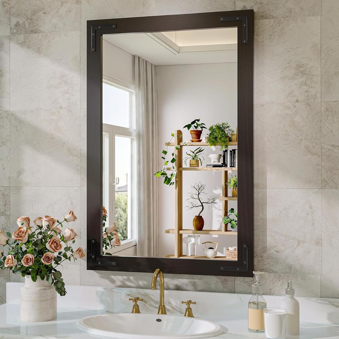 Black Farmhouse Bathroom Mirror, 24x36 Inch Black Wooded Framed Vanity Mirror for Wall, Rectangular Rustic Wall Decor Mirrors for Entryway Living Room Bedroom