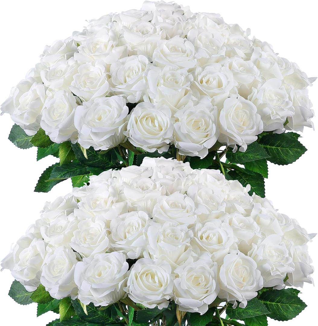 FOTEEWL 60 Pcs Artificial Rose Flower Realistic Faux Silk Roses Stem Fake Roses Bouquet for Flower Arrangement,Wedding Centerpieces,Party,Home Decorations (White)
