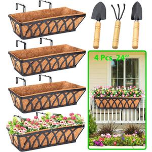 LCHUANG 4 Pack 24 Inch Deck Balcony Railing Planter Window Boxes with Coconut Coir Liner, Fence Metal Hanging Flower Planter Basket for Outdoor Lawn