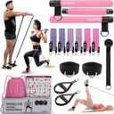 Pilates bar kit | Home Gym Exercise Equipment | Portable Pilates Reformer | Workout with Resistance Bands 20, 30, 40lbs for Women & Men Fitness Essentials (Pink)