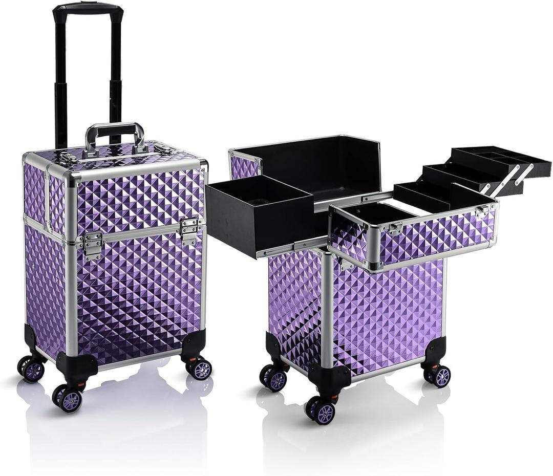 Stagiant Rolling Makeup Train Case Large Storage Cosmetic Trolley 4 Tray with Sliding Rail Removable Middle Layer with Key Swivel Wheels Salon Barber Case Traveling Cart Trunk (Purple)